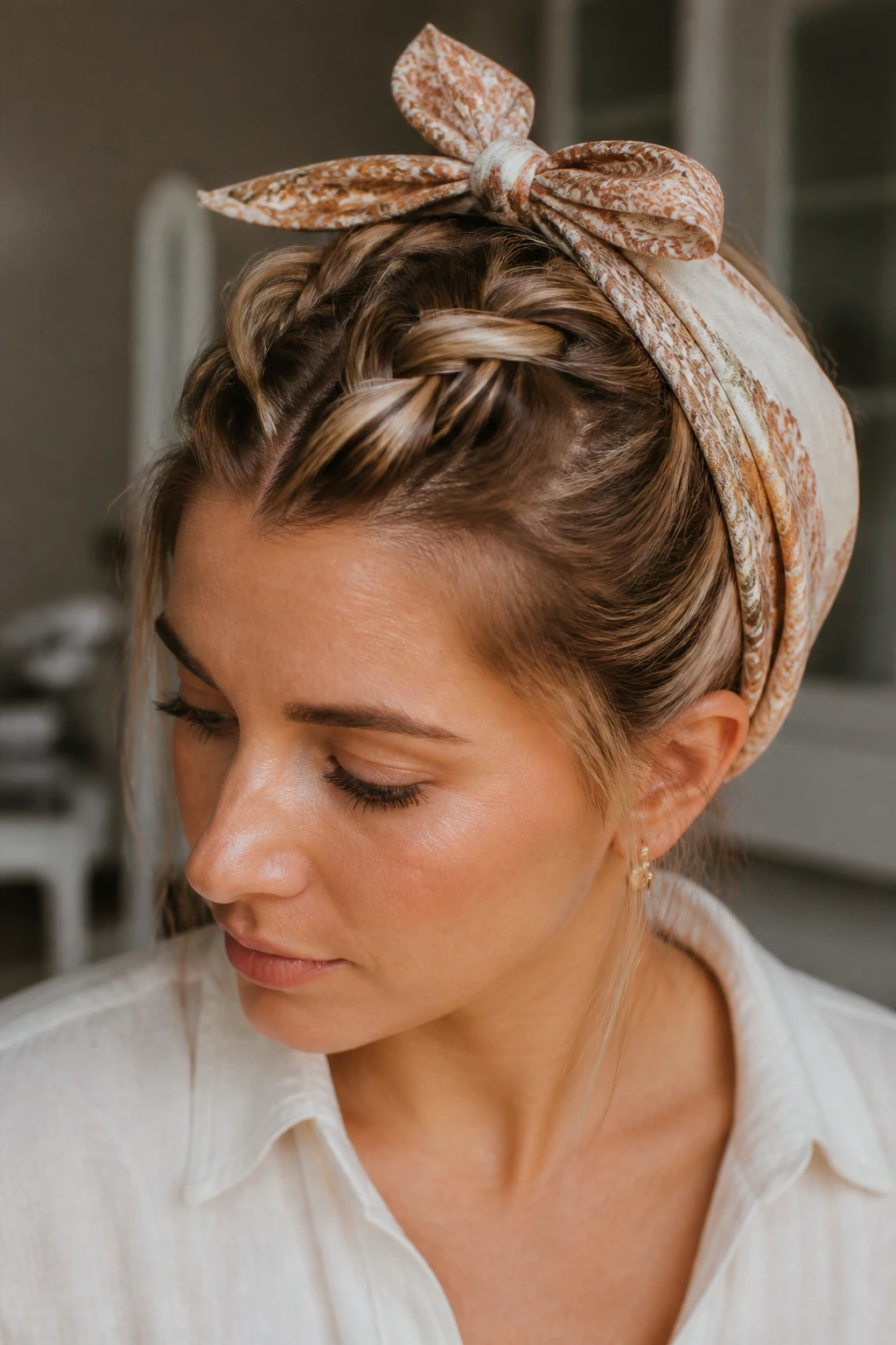 Close-up of a woman with a front French braid and a headscarf wrapped around the head