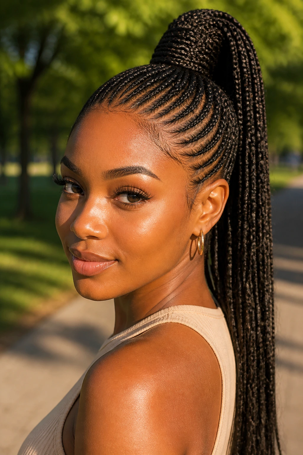 Close-up of a real woman with a high braided ponytail in golden hour sunlight