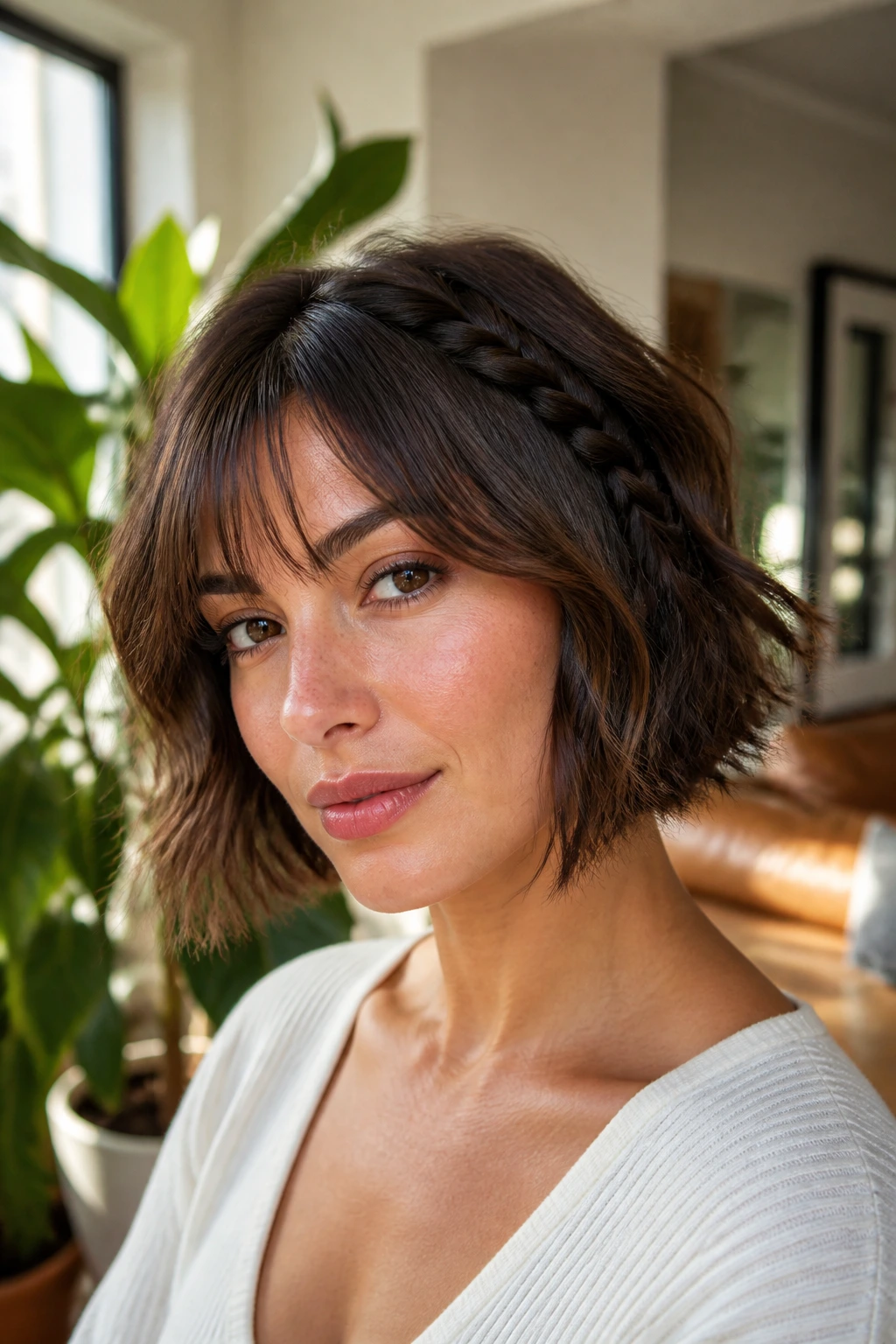 Close-up portrait of a woman with a small loose braid in a textured bob