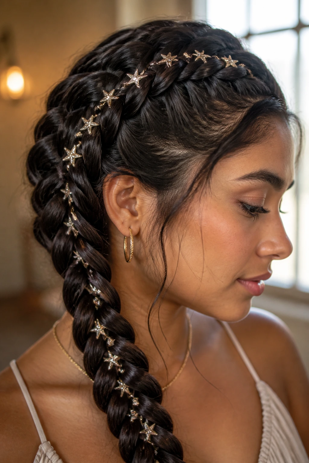Bead-embellished braid-in-braid on a real person.