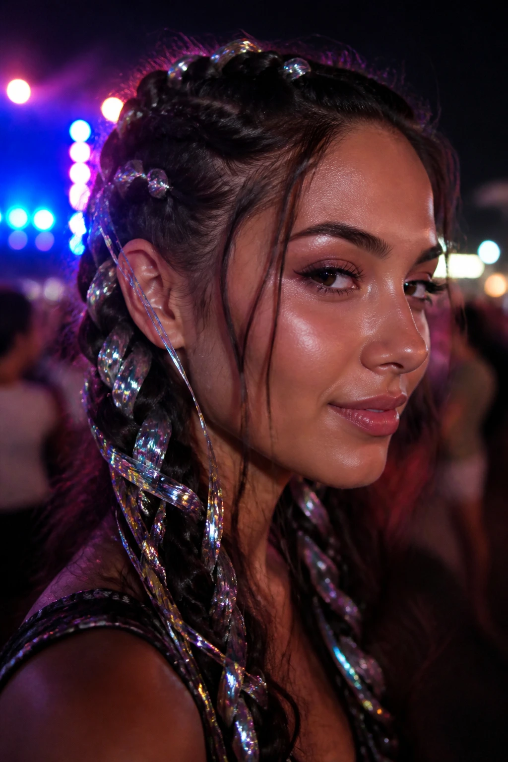 Close-up of braid with tinsel strands on real woman's hair at night festival