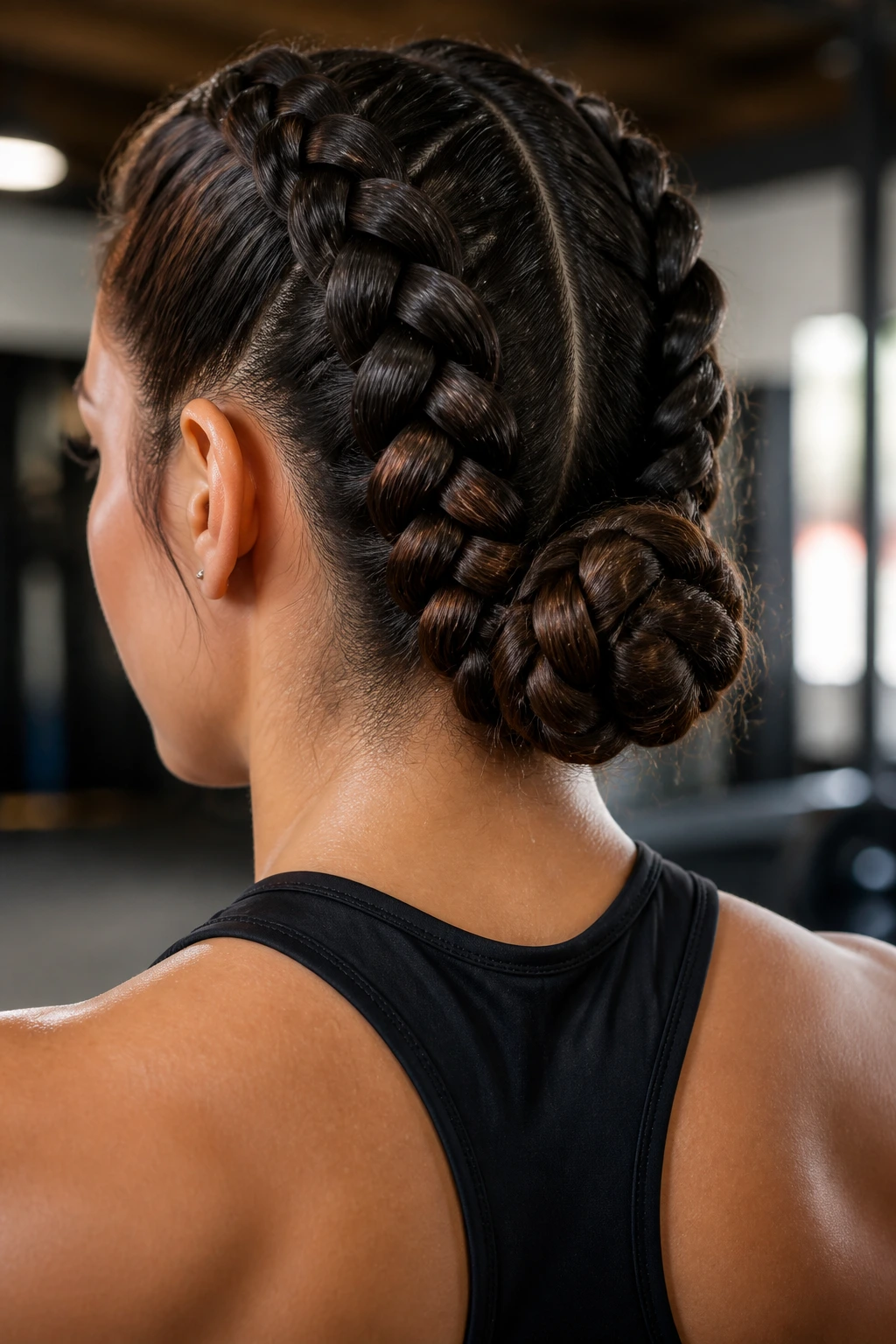 Two Dutch braids twisting into a bun at nape of neck on real person