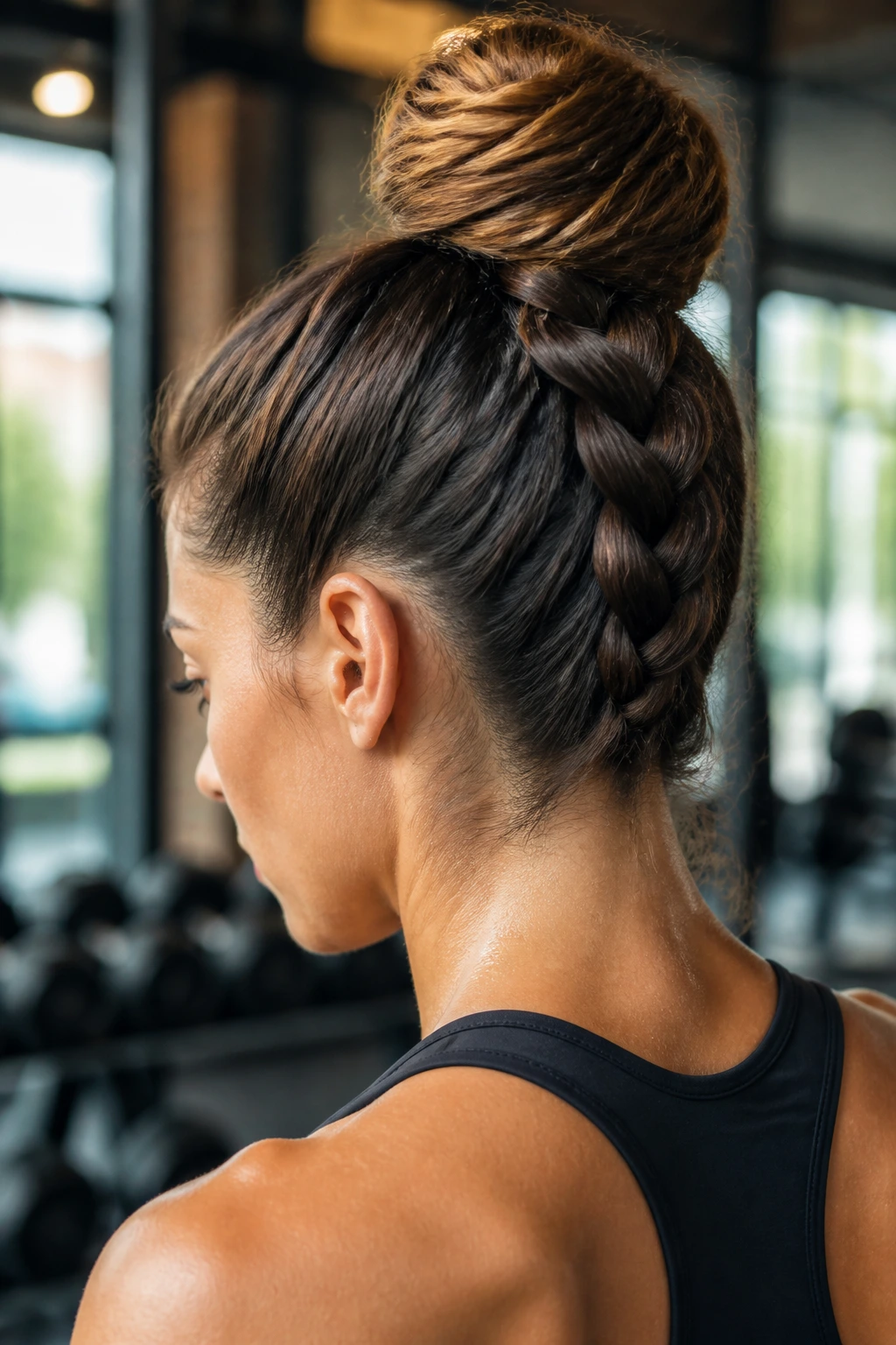 Close-up of a real woman with a braid leading to a high bun
