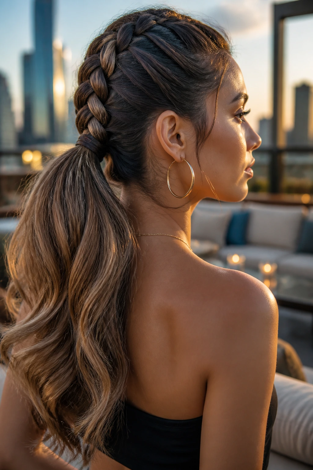Close-up of a real woman's head showing a braid ending into a ponytail