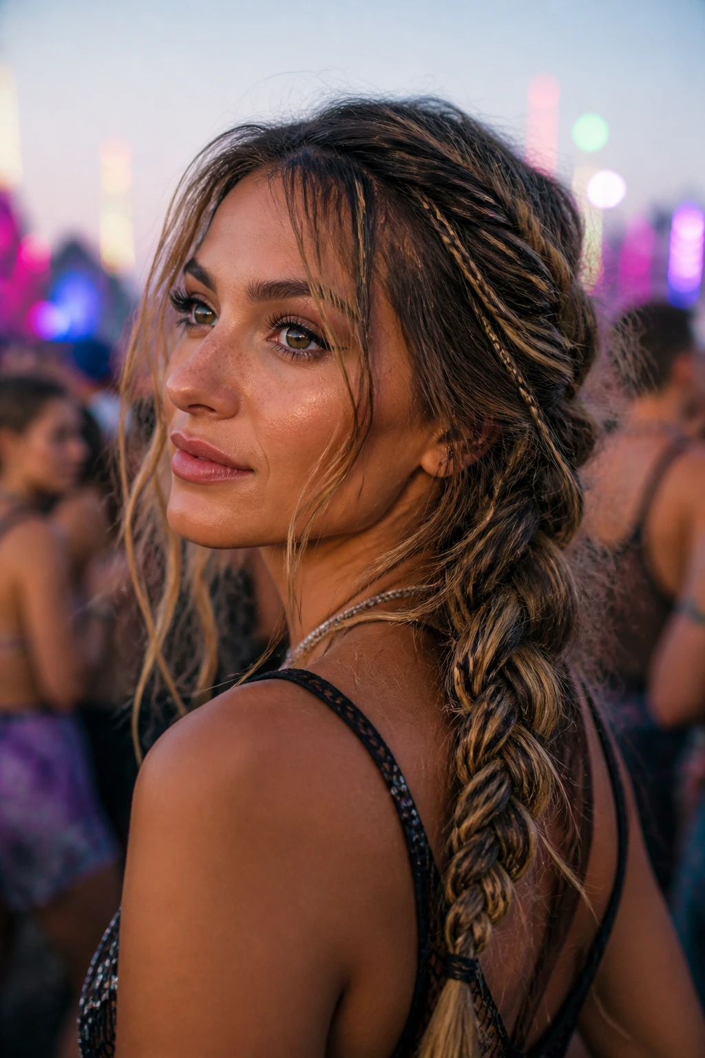 Real woman wearing a main braid with micro-braids for texture