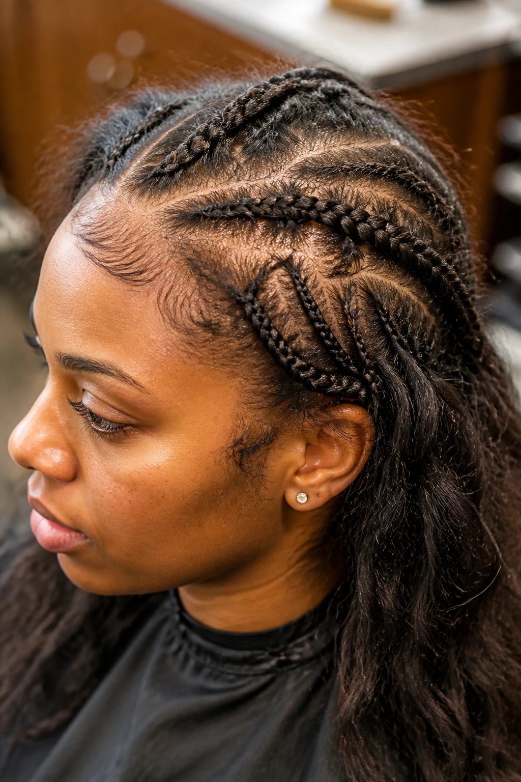 Close-up of a real woman showing braiding mistakes with frizz and uneven tension