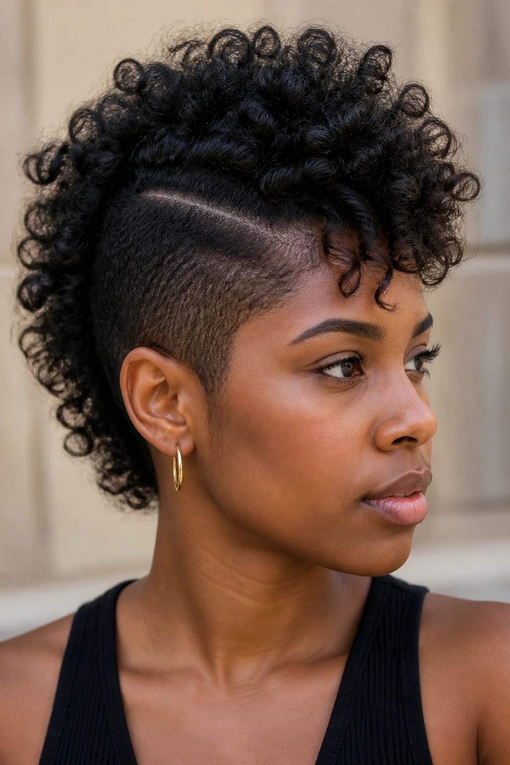 Close-up of real person with braid-out hawk showing defined waves along the center.
