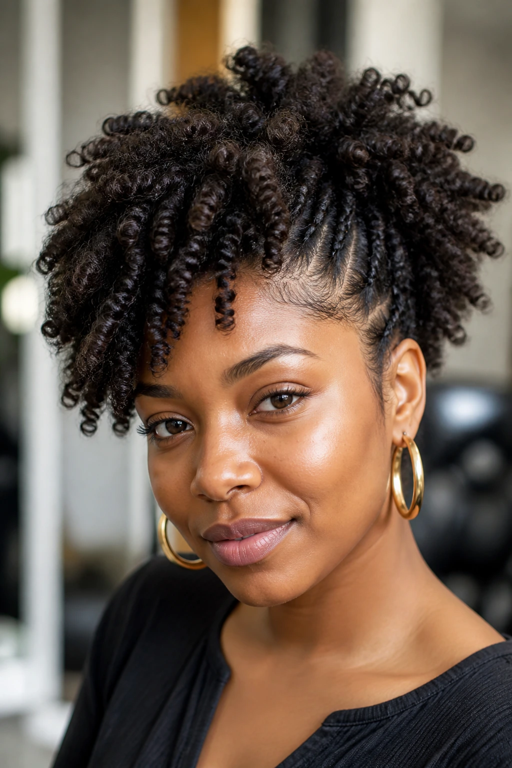 Close-up of a person with structured braid-out and high-volume crown