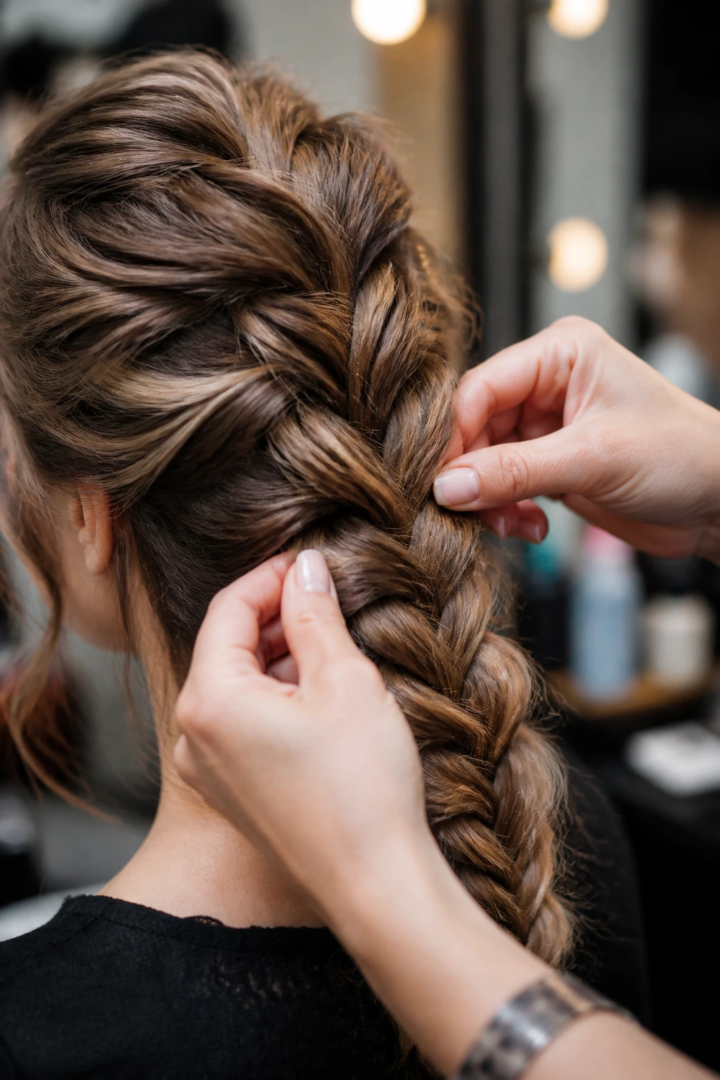 Hands pancake-fluffing a braid on a real person’s hair in a salon