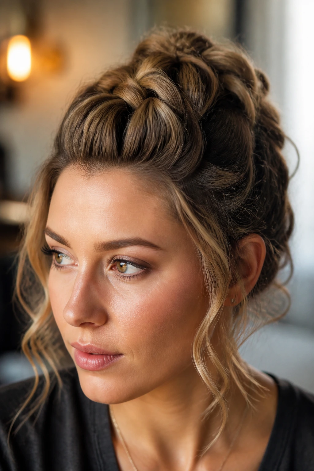 Close-up of a real woman with a voluminous crown braid creating a pompadour