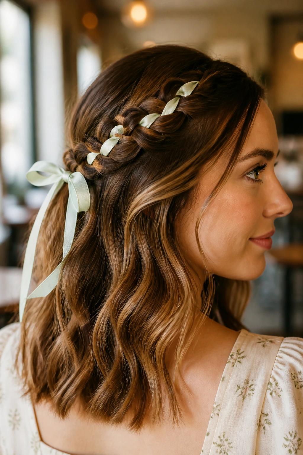 Close-up portrait of a real woman with a half-up braid woven with a ribbon