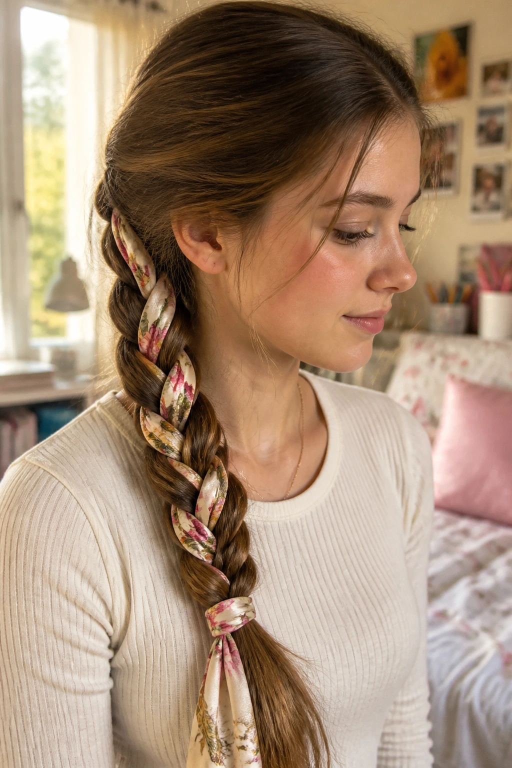 Close-up of a scarf-braided plait with silk scarf as middle strand