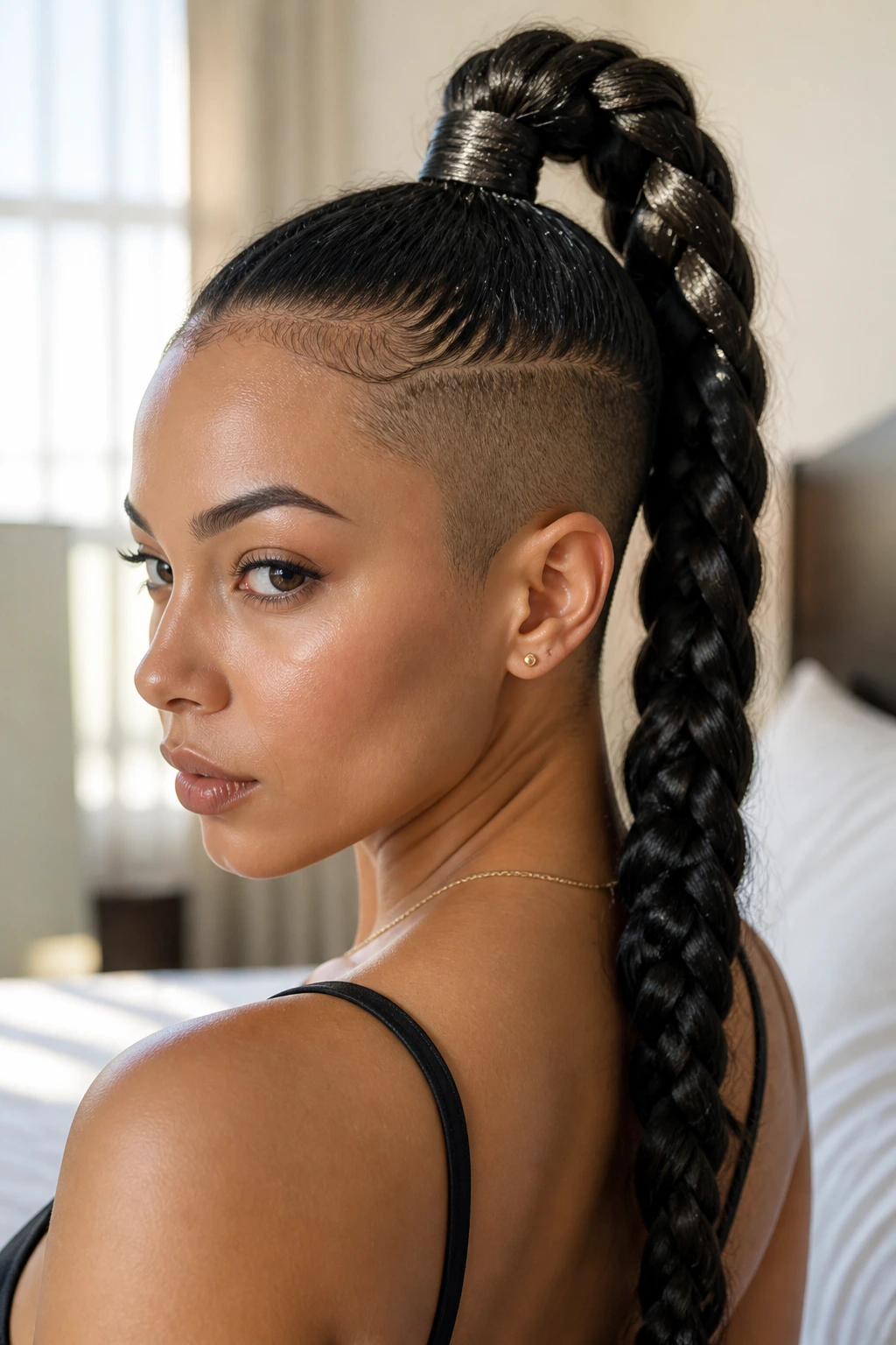 Close-up of a real woman with a wrapped high ponytail braid and shaved sides