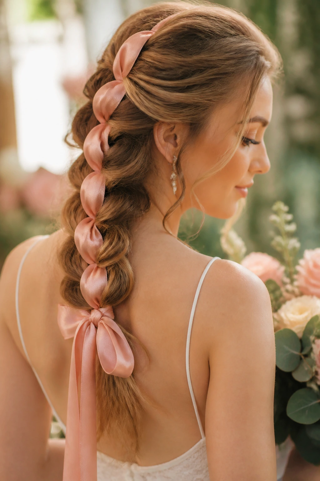 Close-up of real woman with central braid woven with a wide silk ribbon.