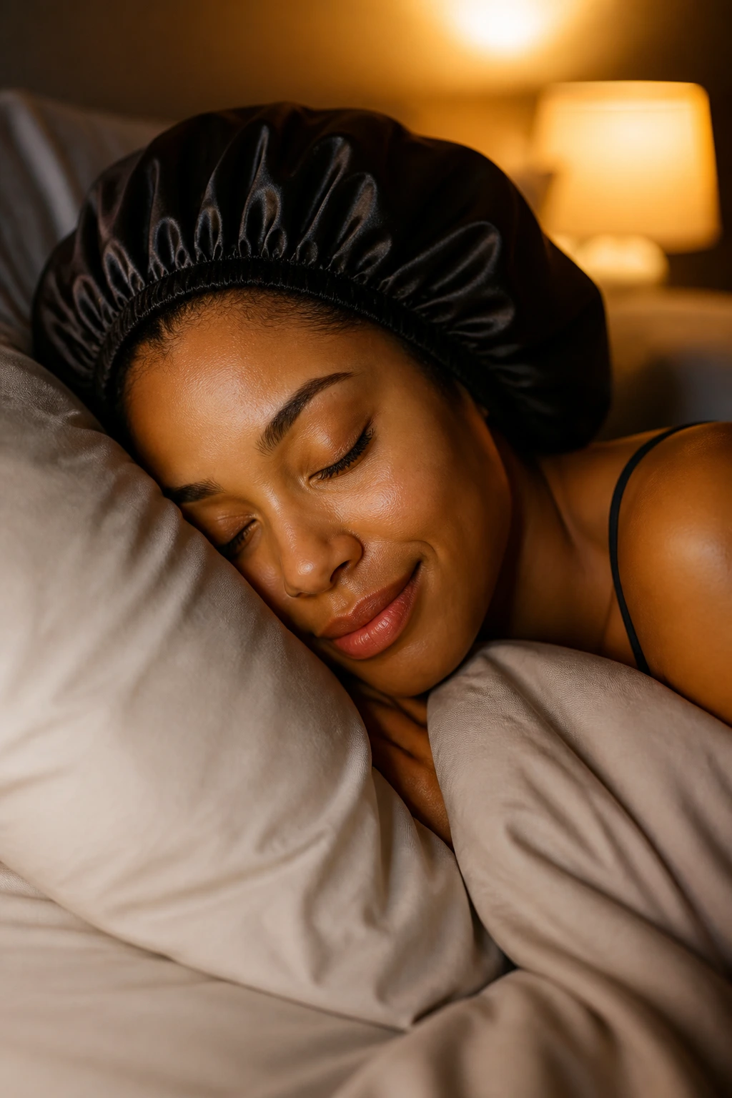 Close-up of a person wearing a satin bonnet in a cozy bedroom setting