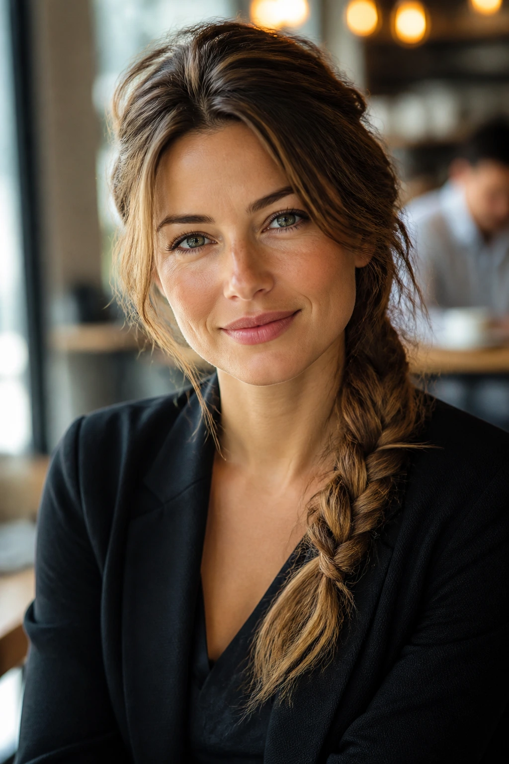 Close-up of a real woman with a messy side braid and textured crown in a coworking space