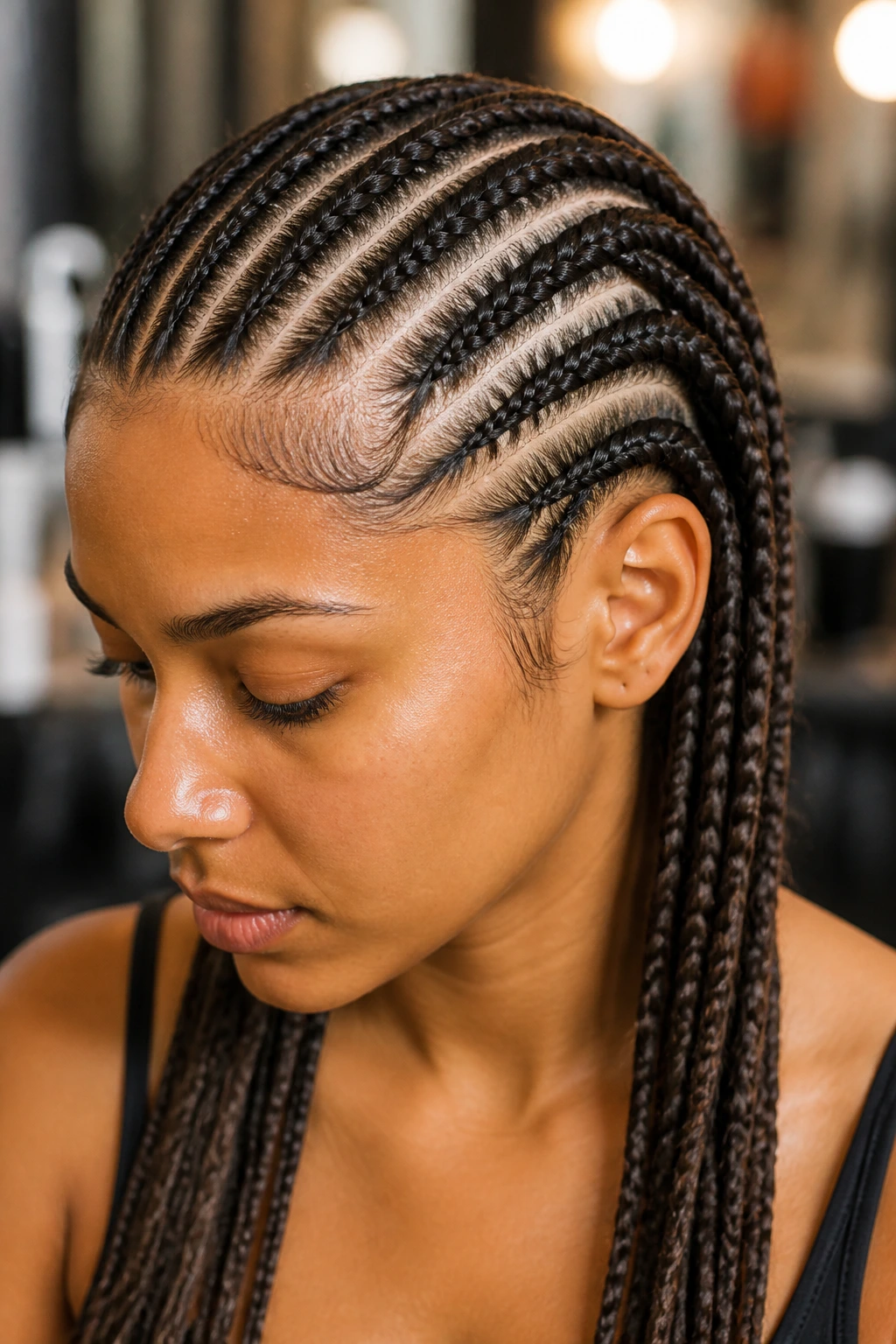 Close-up of pencil braids showing thickness on a real person