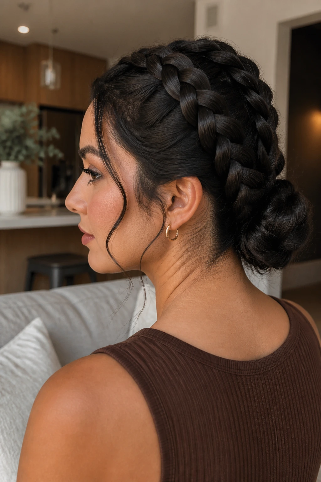 Three-quarter portrait of a woman with two French braids forming a twisted bun at the back.