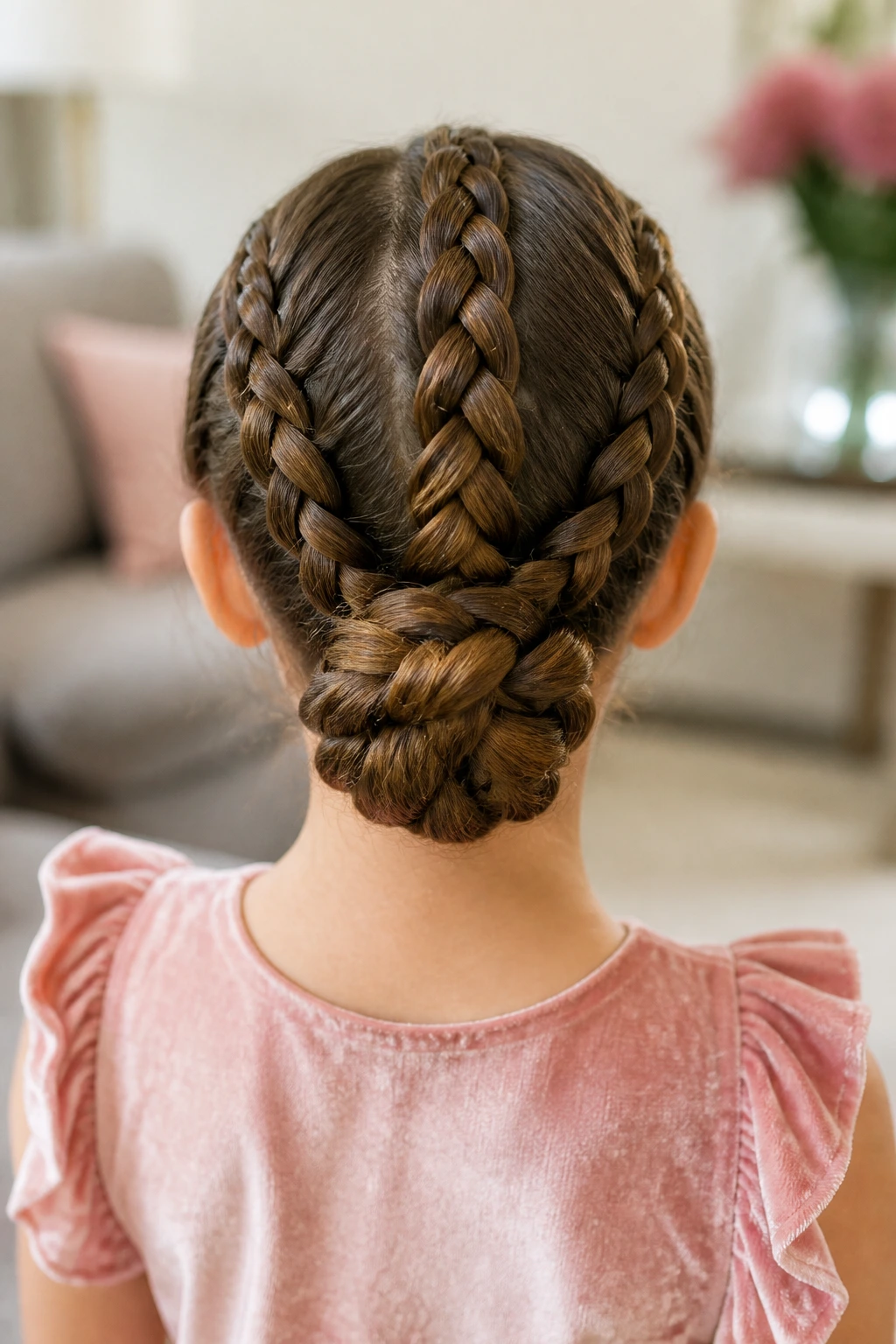Back of head view of real girl with triple braids into low bun