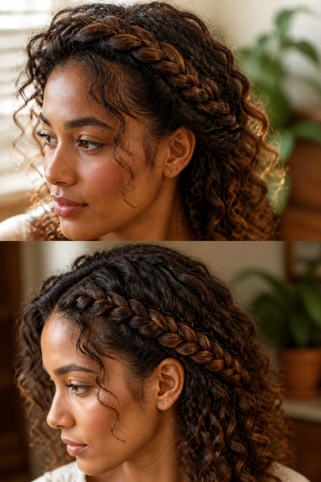 Close-up of curly hair with crown braid variations on a real person
