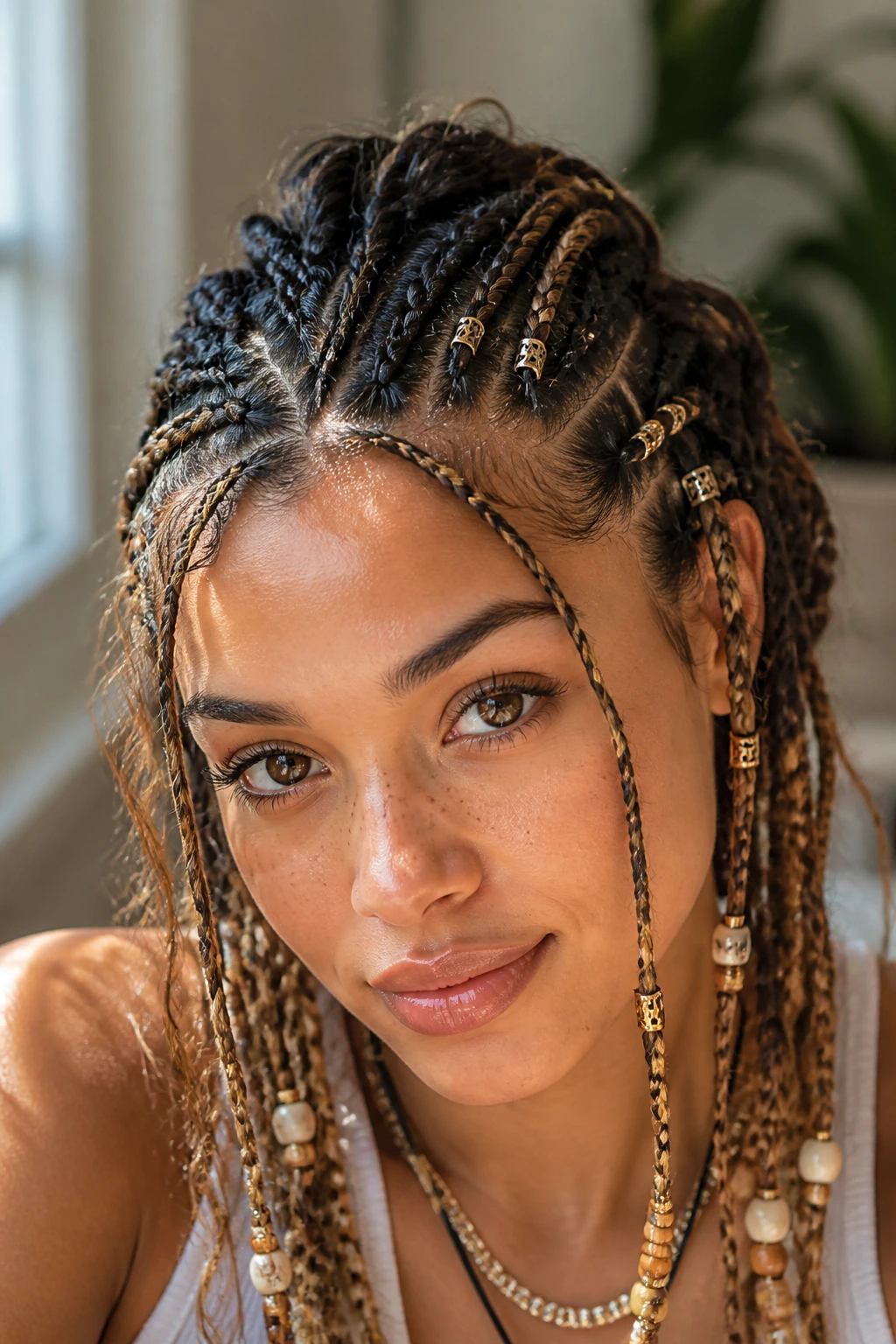 Close-up of a real person showing braids with size and texture variations across the head