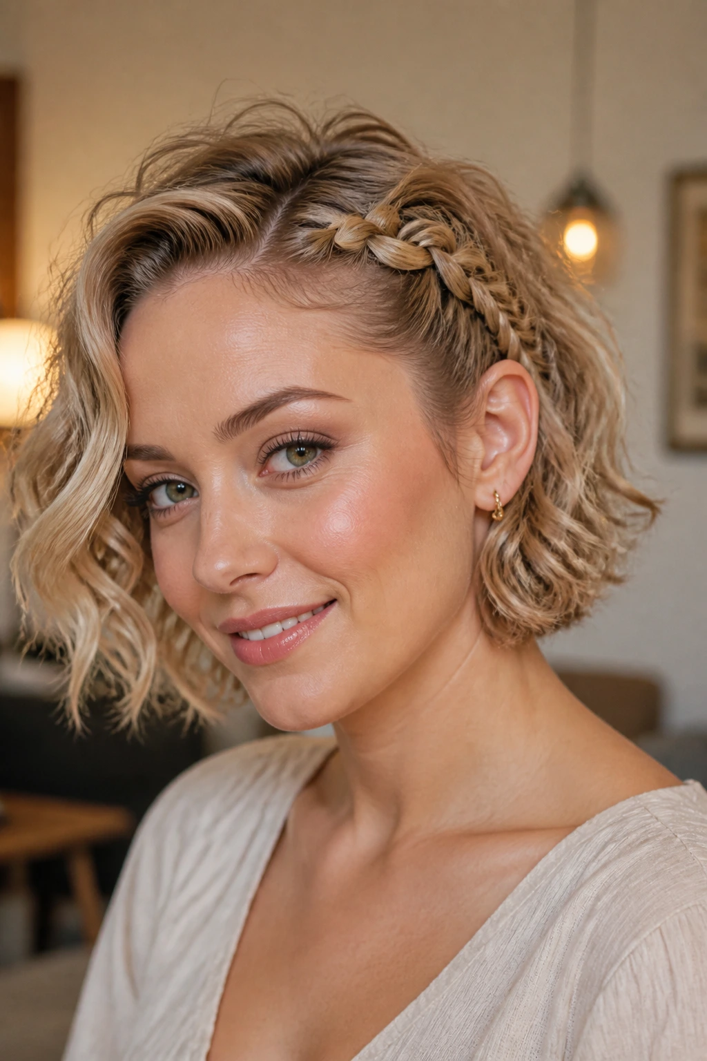 Close-up of a real person with a Dutch braid along the hairline and loose waves.