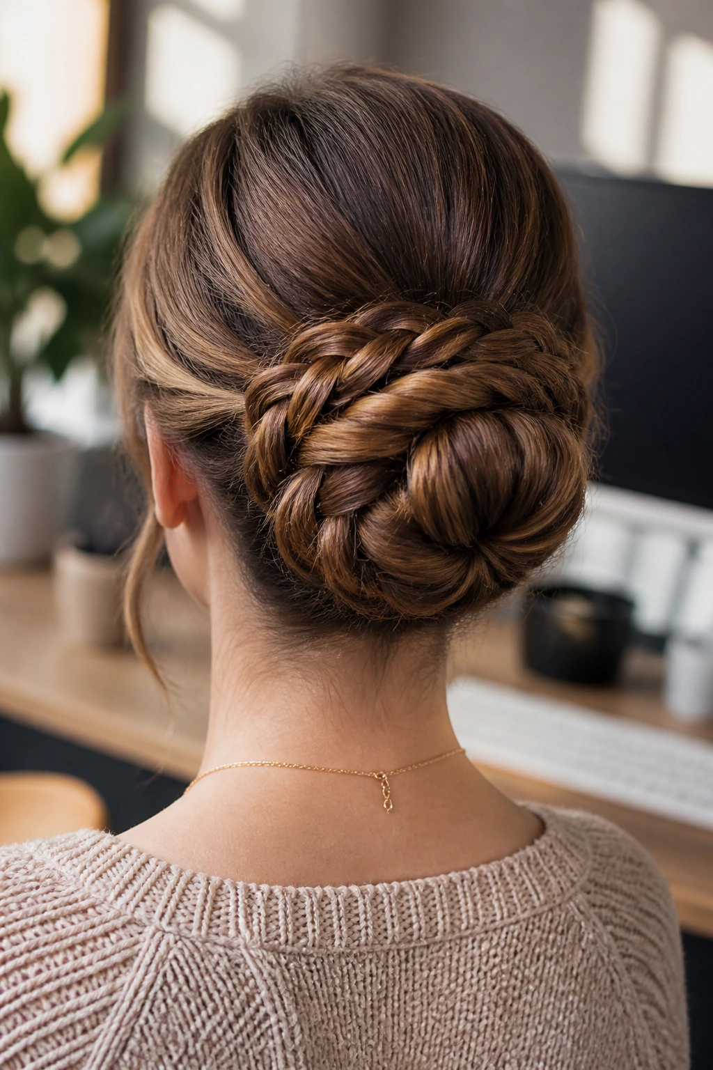Back view of a real woman with a braid-wrapped bun