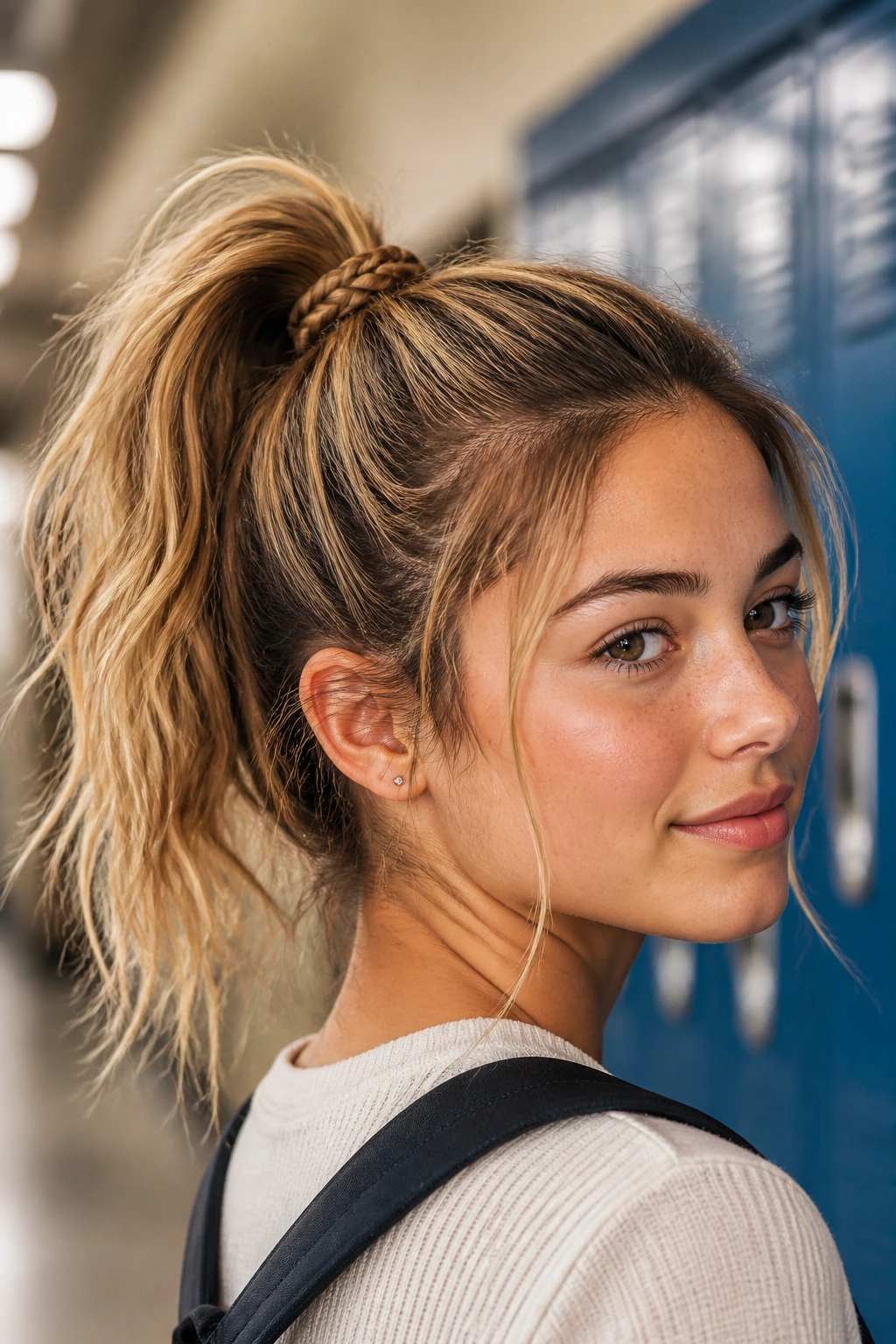 Close-up of a real person wearing a braid-wrapped ponytail with hidden elastic