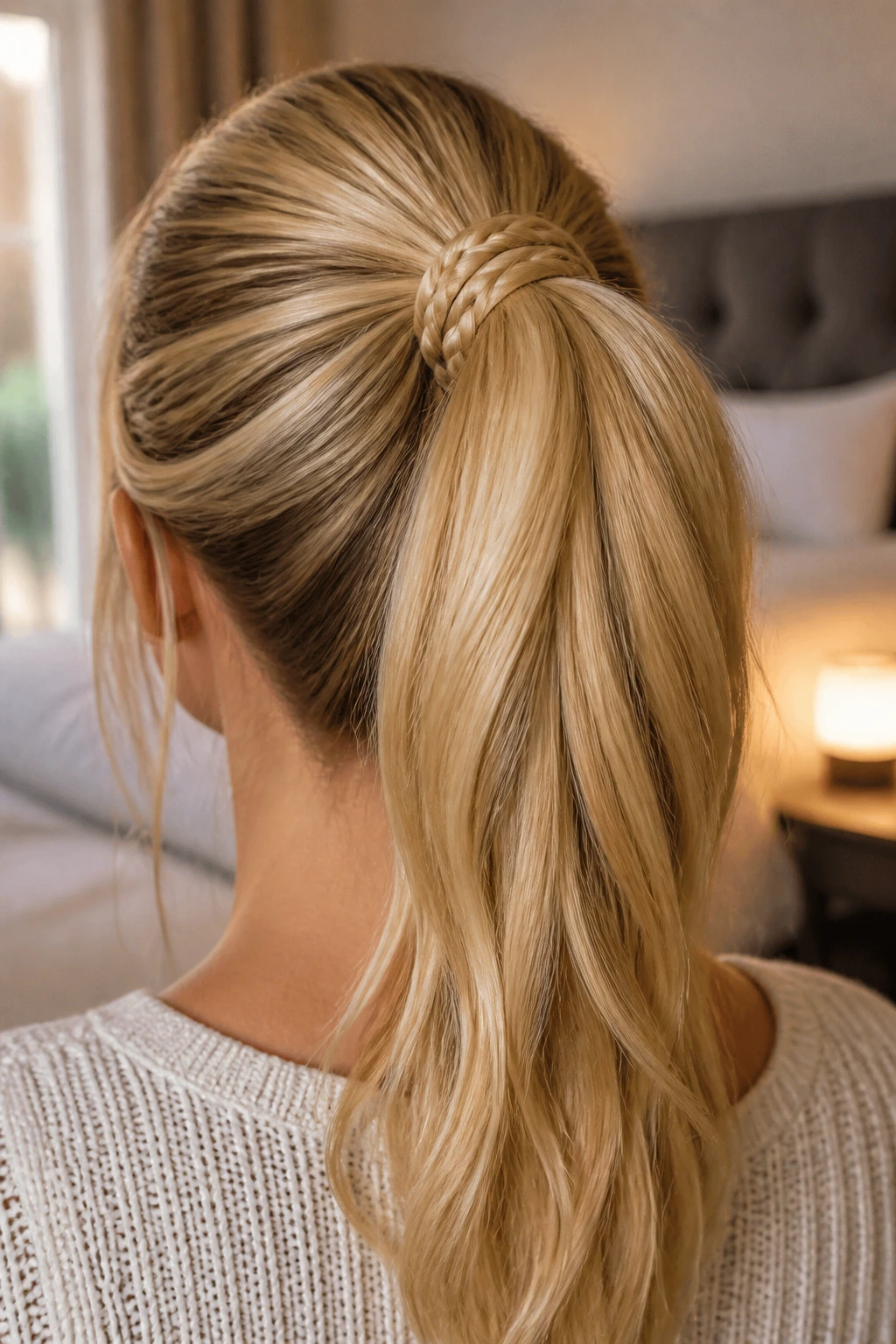 Back view of blonde with braid-wrapped ponytail