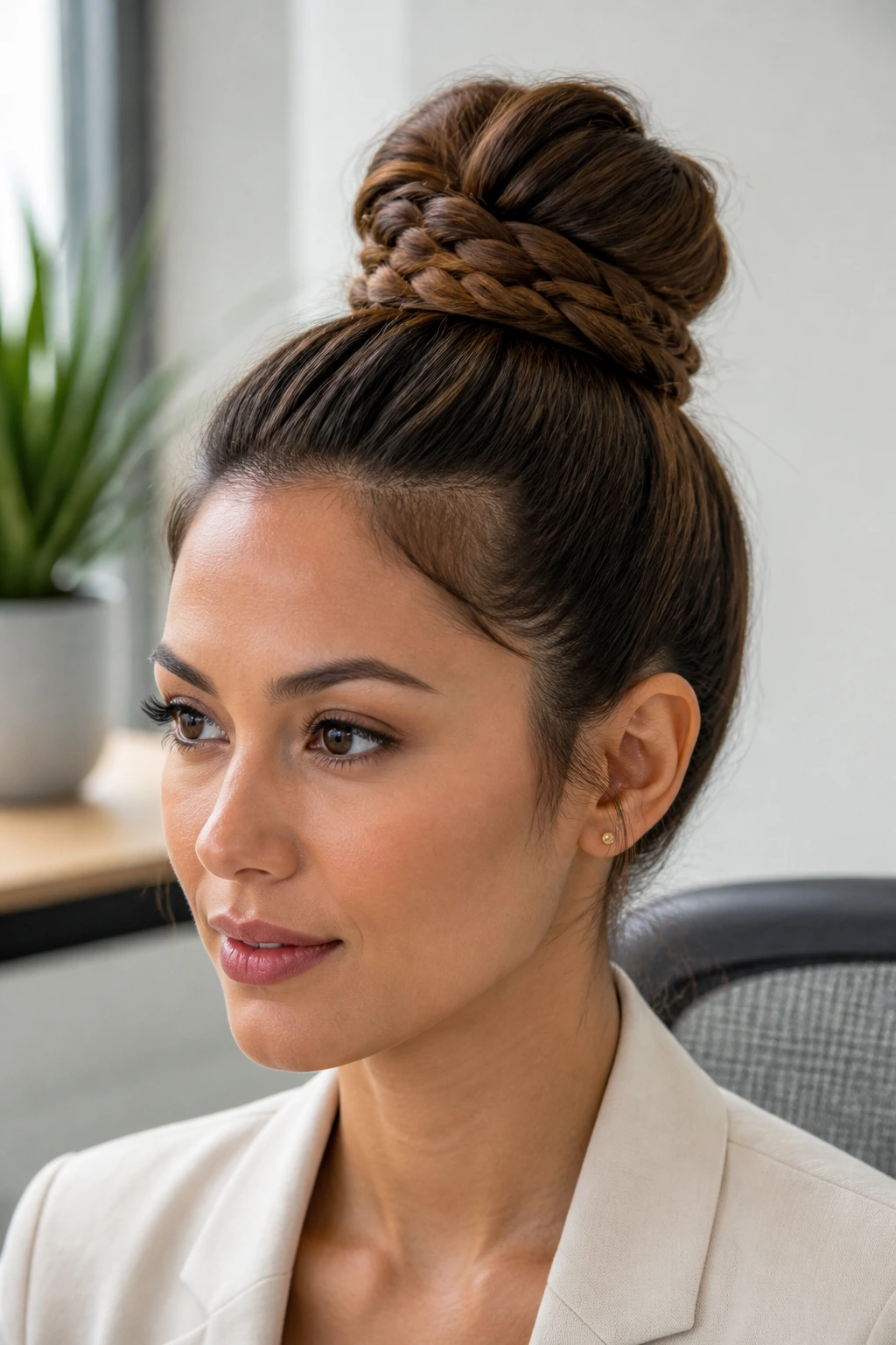 Close-up of a person with a braid-wrapped top knot in an office