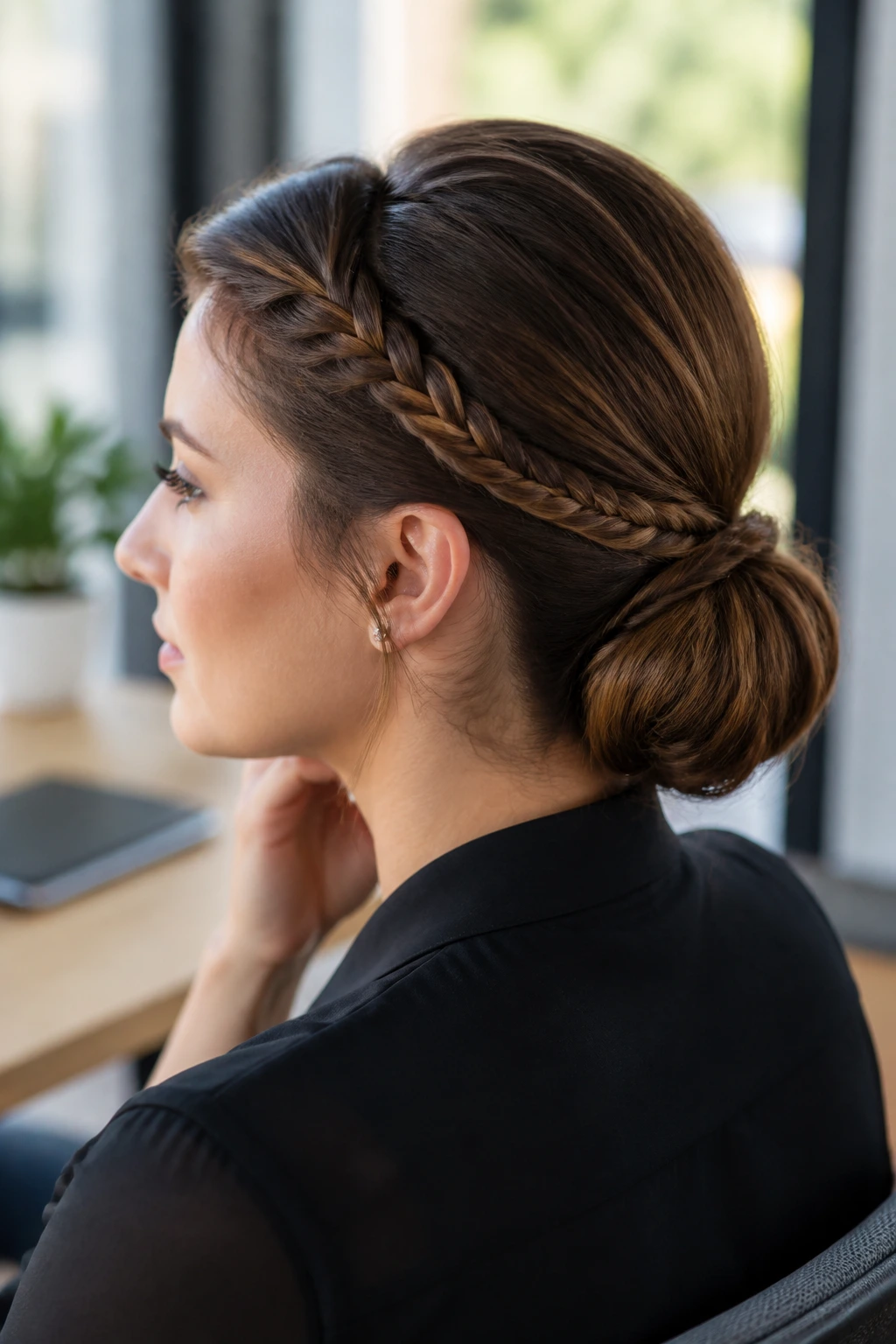 Close-up of a real person with braided-back low chignon in an office corner.