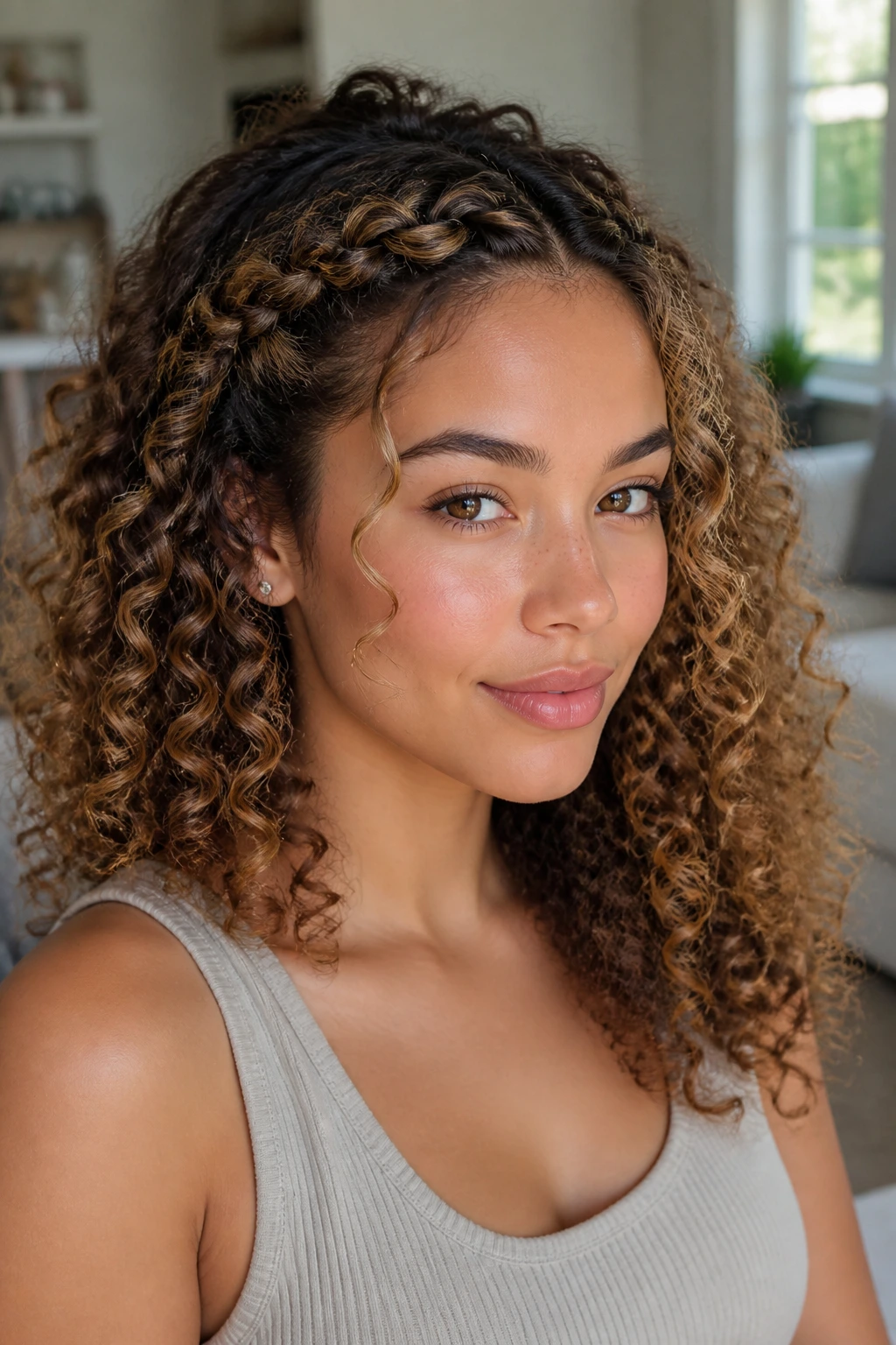 Real woman with braided bangs blending into curly hair