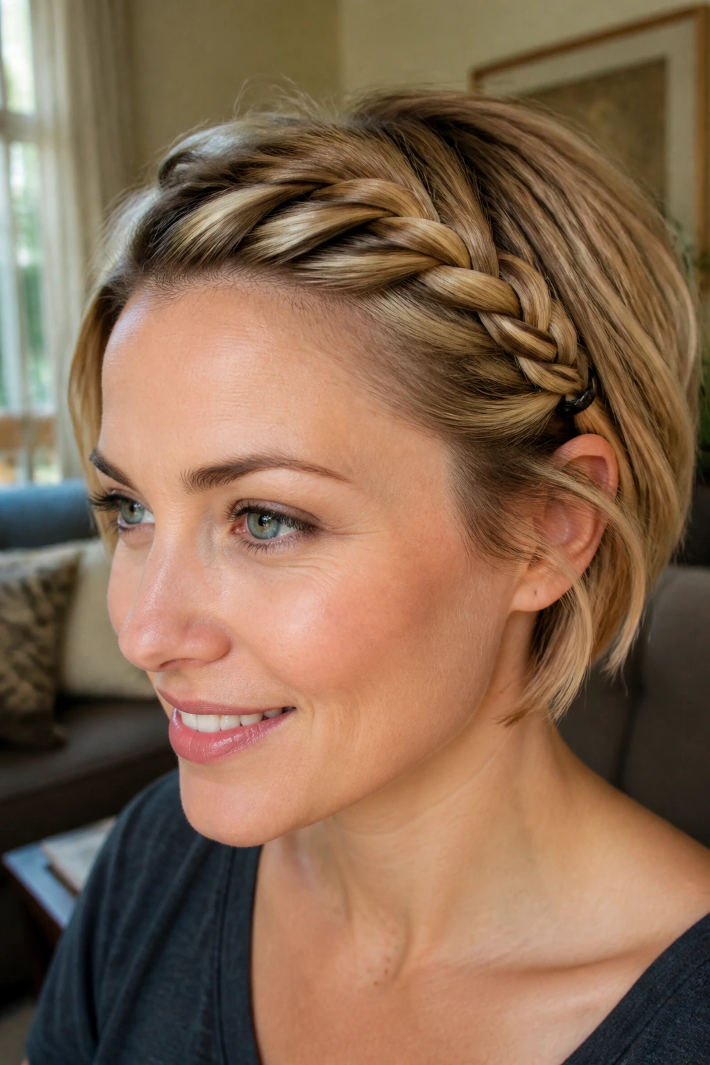 Close-up of a real woman with braided bangs swept behind the ear