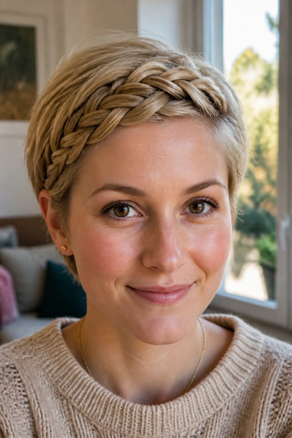 Portrait of a woman with braided bangs swept across the forehead.