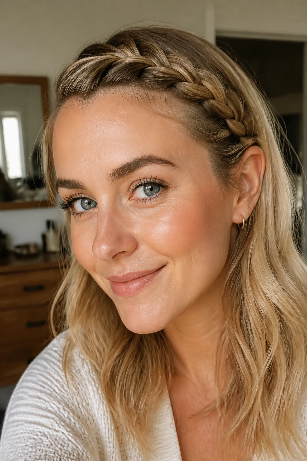 Real woman with braided bangs along the hairline in a cozy indoor setting