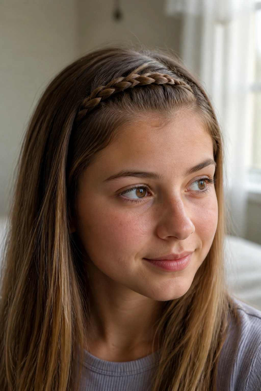 Close-up of a real woman's face with a neat front braid