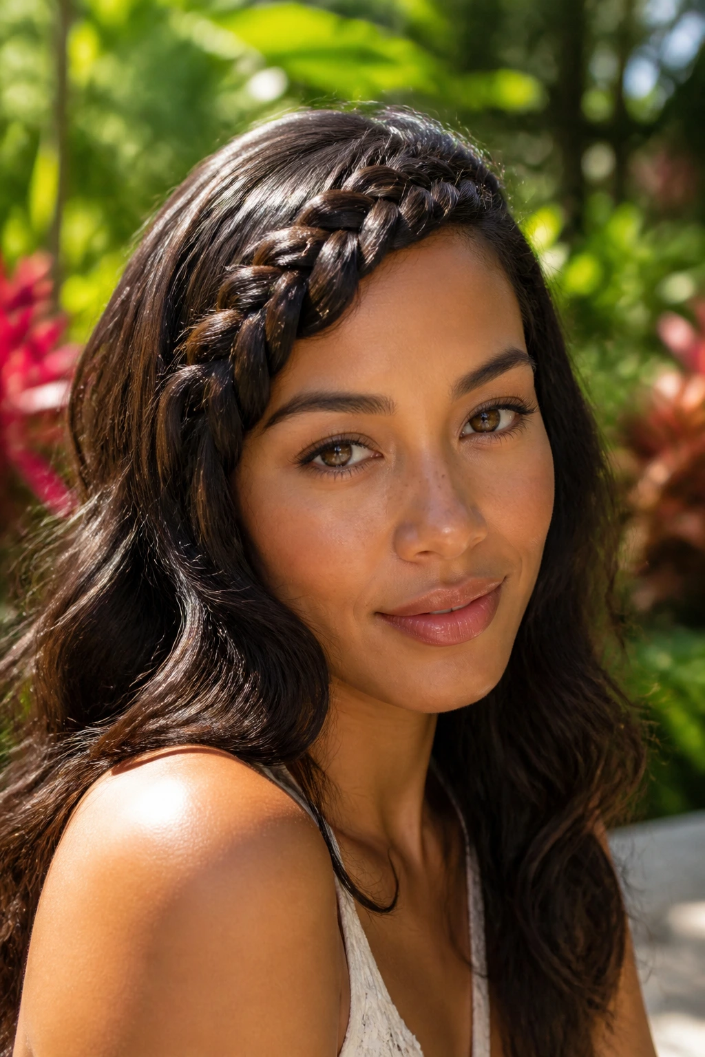 Close-up of a woman with side-swept braided bangs in a tropical garden