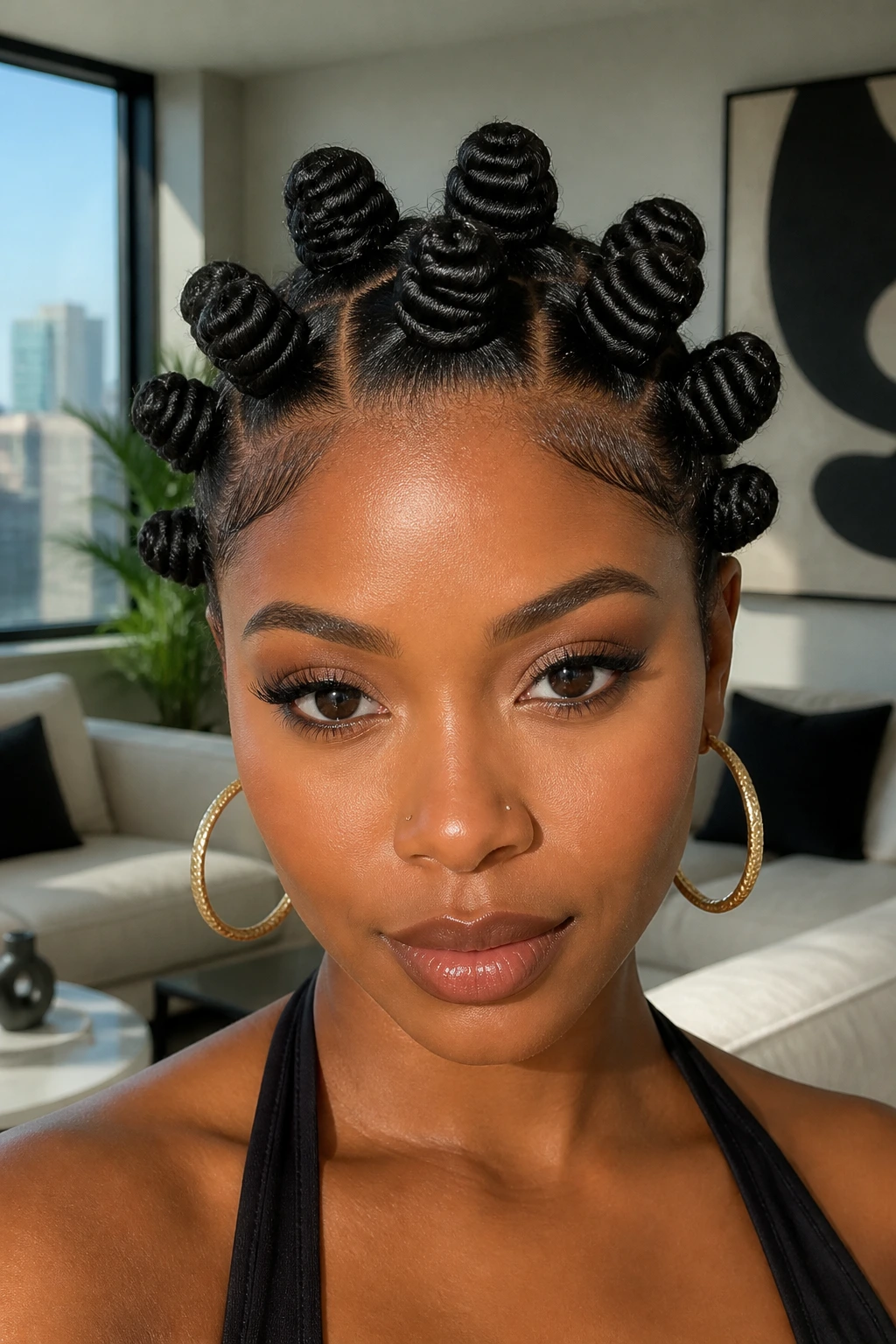 Front-facing close-up of a real woman with braided Bantu knots across the scalp