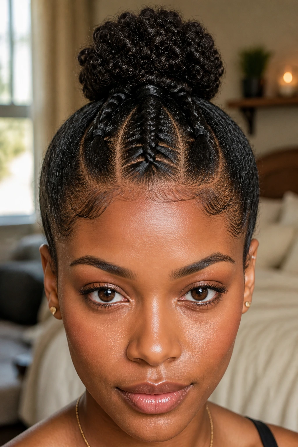 Close-up portrait of a real person with a braided-base micro pony hairstyle