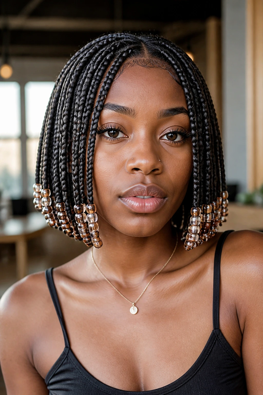 Real woman with a braided bob featuring beaded ends.
