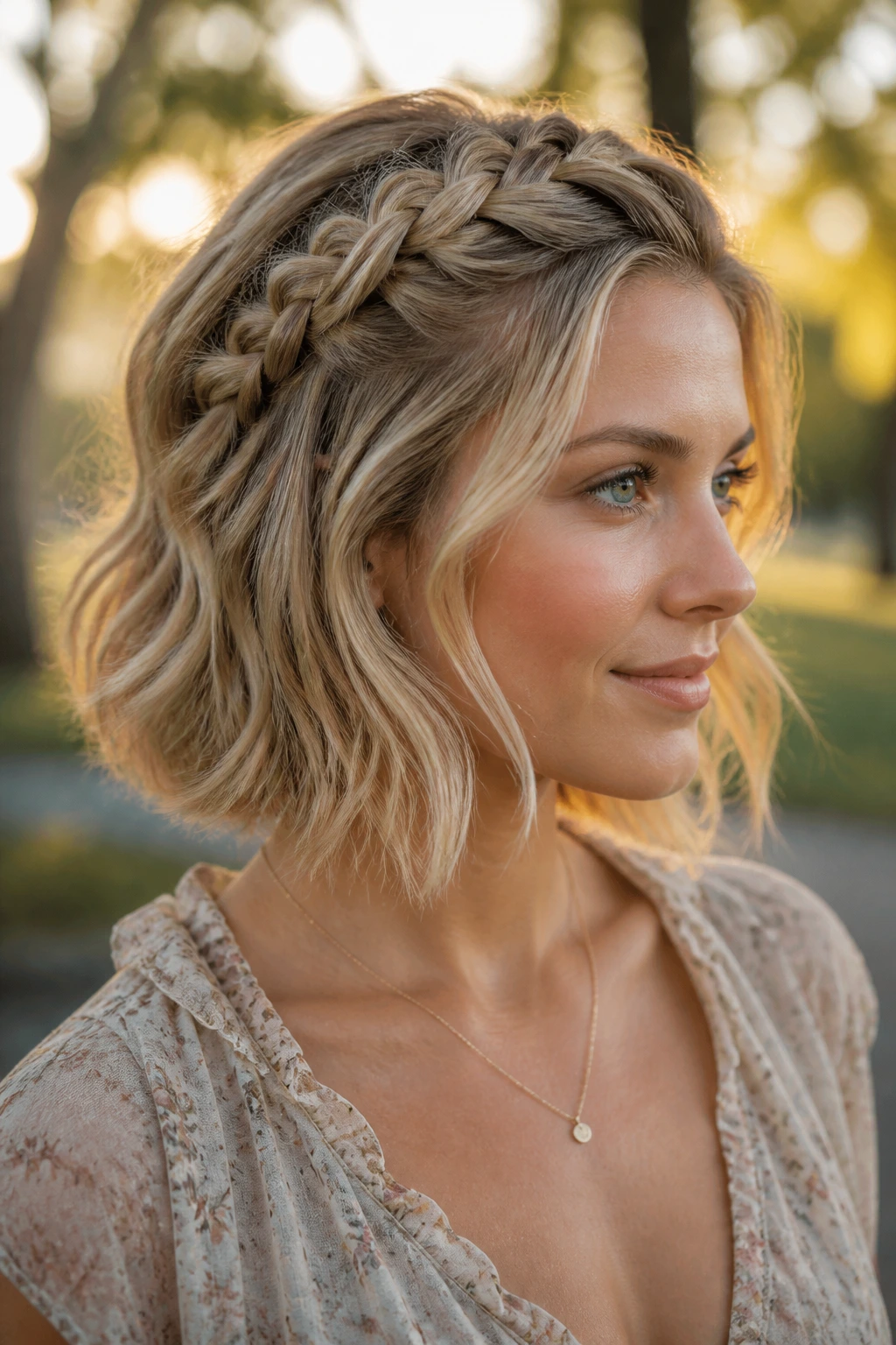 Portrait of a real woman with a bohemian braided bob in golden blonde light outdoors