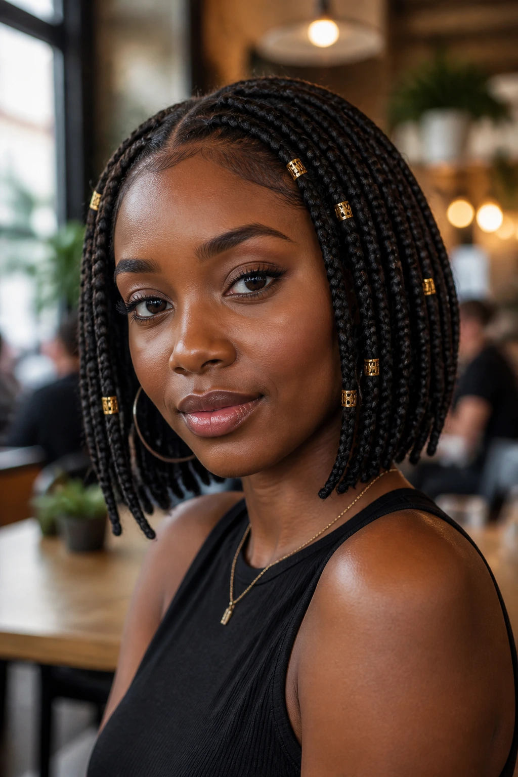 Close-up of braided bob with cuffs on a real woman