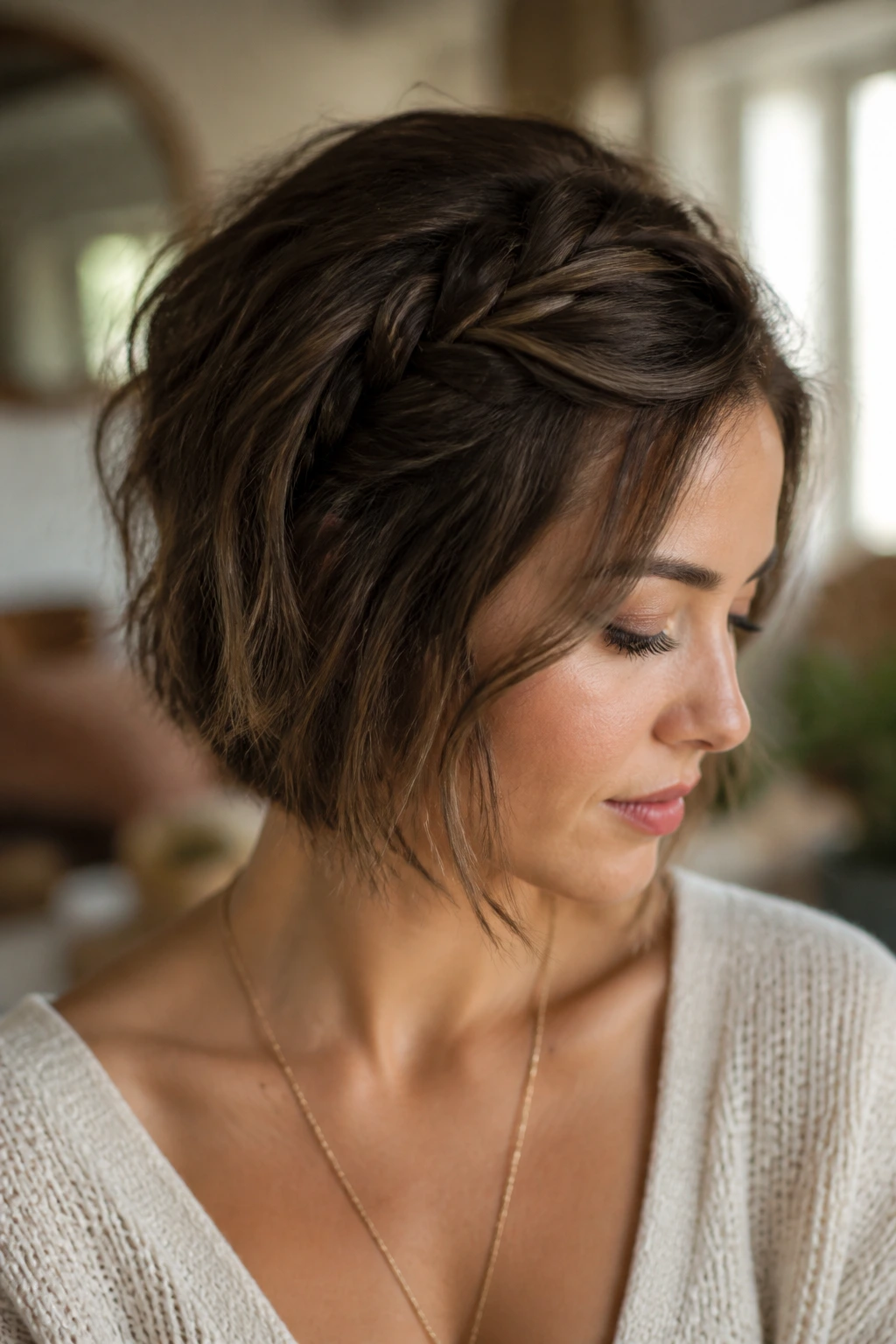 Portrait of a real woman showing a loose braid integrated into a messy bob.