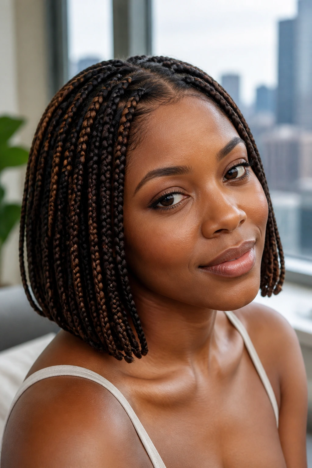 Close-up portrait of a real woman with a braided bob in a bright city apartment.