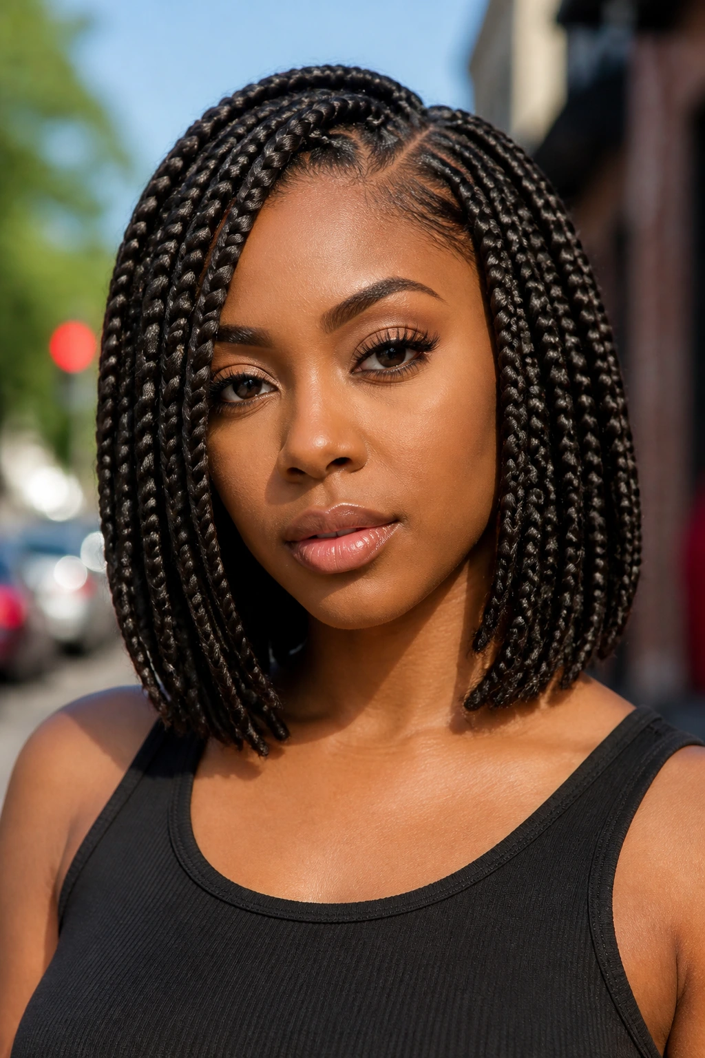 Shoulder-length braided bob on a real person in an urban street