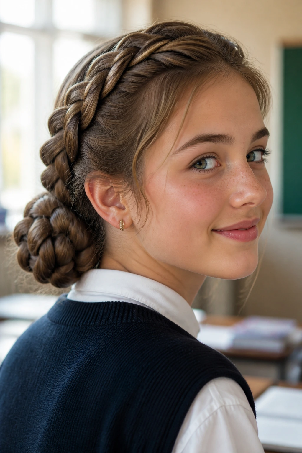 Close-up of student with crown braid transforming into braided bun at the nape