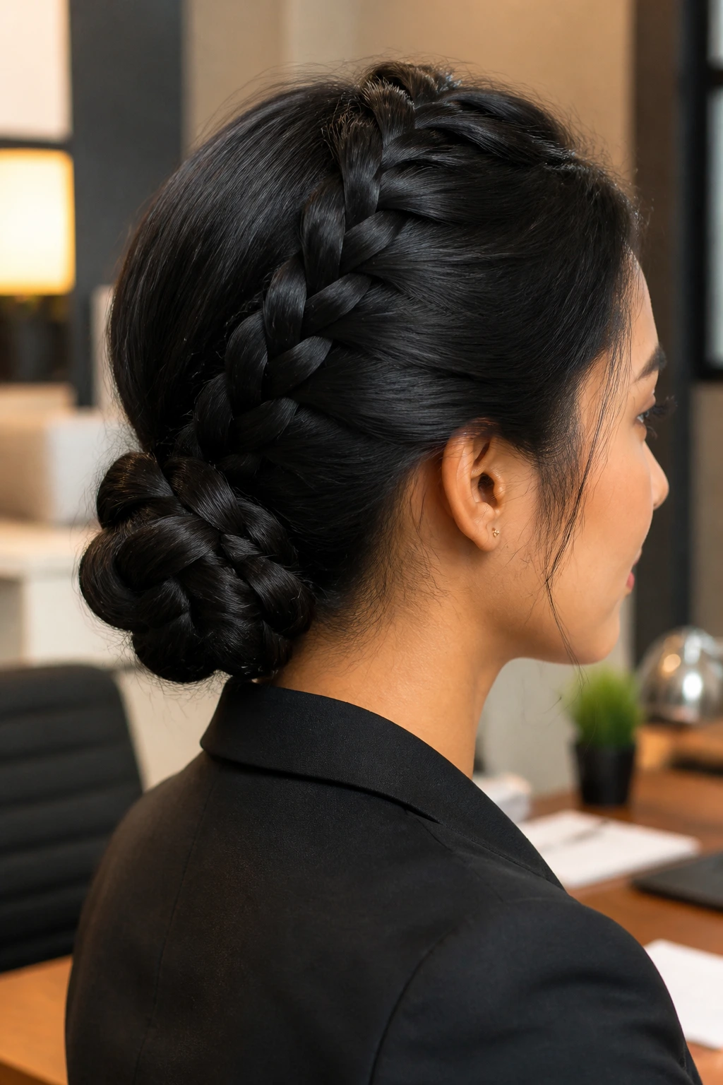 Close-up of a real woman with a low braided bun in an office setting.