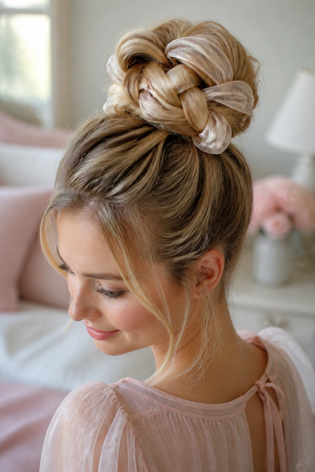 Close-up of a real woman with a braided bun woven with sheer organza ribbon.