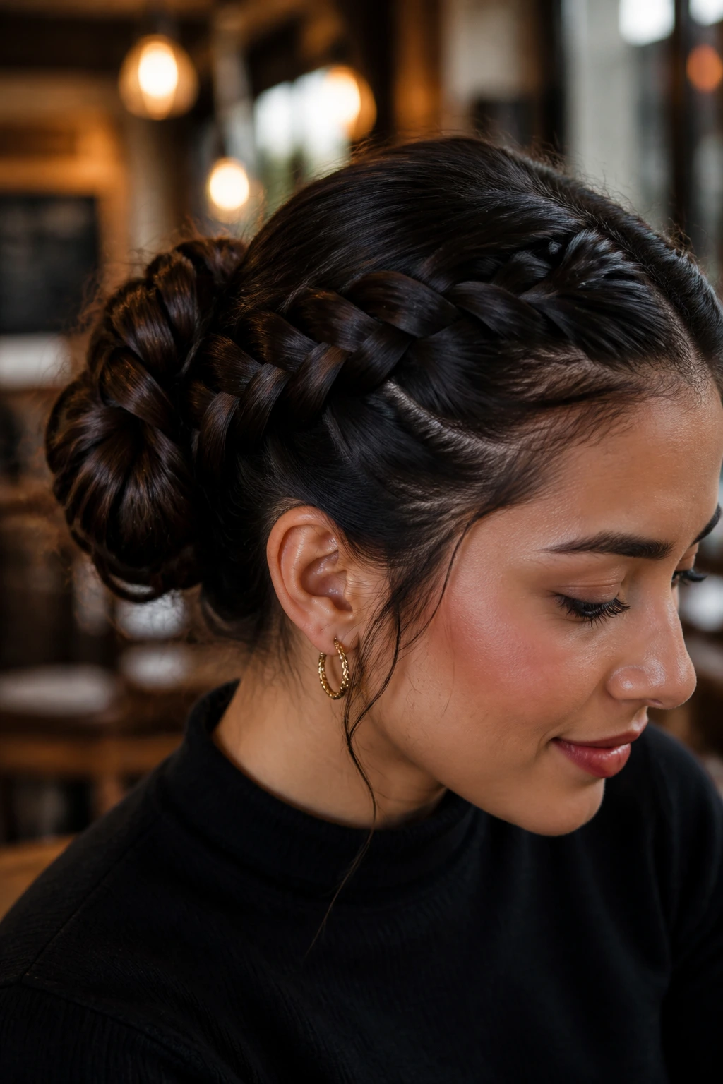 Close-up of a real woman with a braided bun created by a French braid along the hairline into a bun