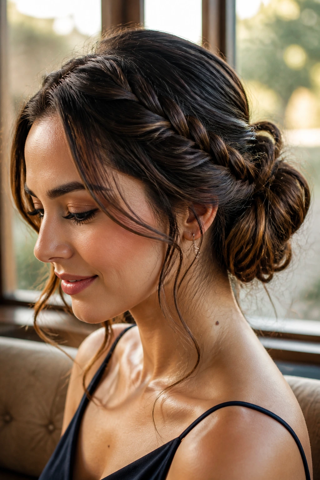 Close-up of a real woman wearing a low braided bun with wisps framing the face